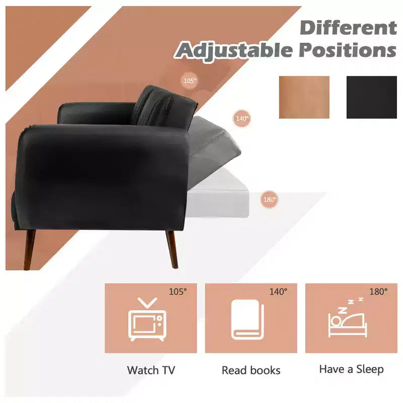 Canapé Futon Convertible Costway avec Revêtement en PU et Pieds en Bois, Réglable