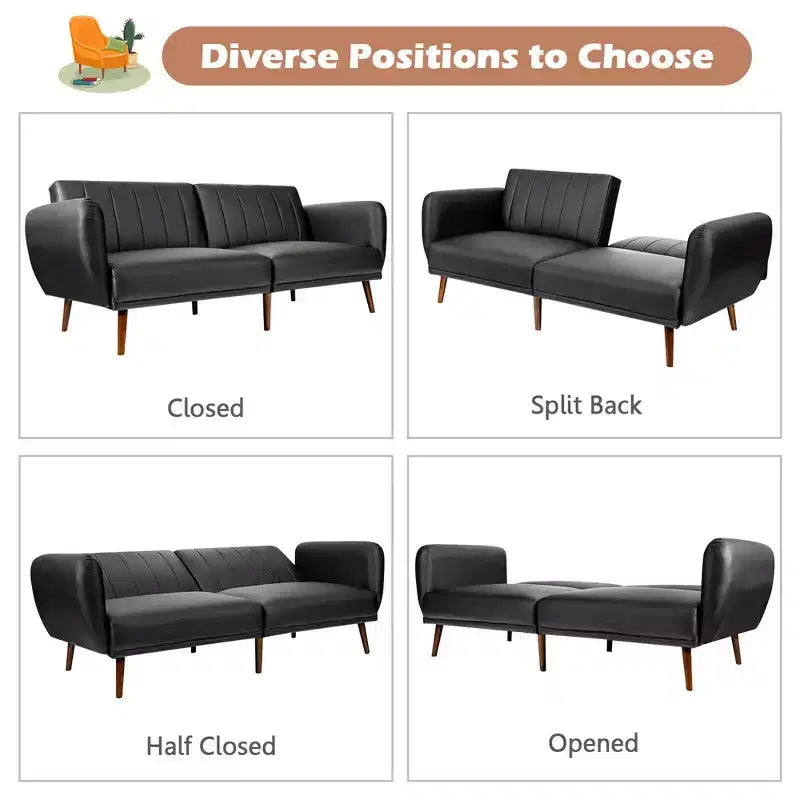 Canapé Futon Convertible Costway avec Revêtement en PU et Pieds en Bois, Réglable