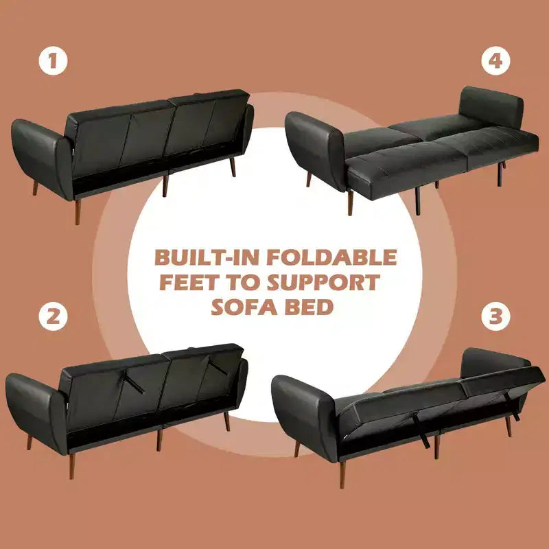 Canapé Futon Convertible Costway avec Revêtement en PU et Pieds en Bois, Réglable