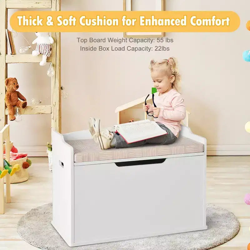 Costway Coffre à Jouets en Bois pour Enfants, Banc de Rangement avec Coussin et Charnière de Sécurité
