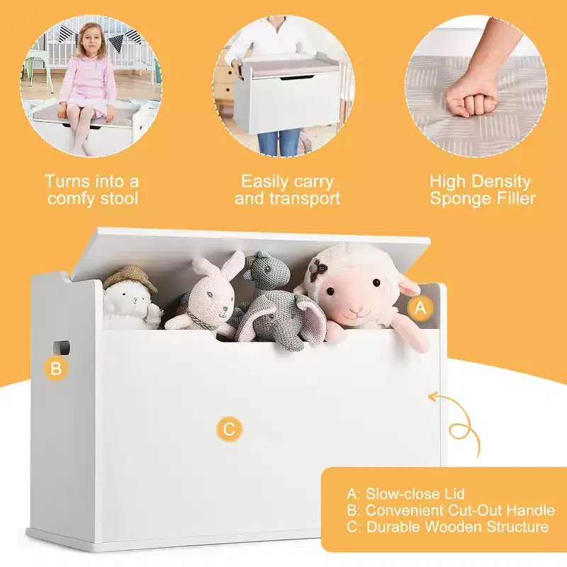 Costway Coffre à Jouets en Bois pour Enfants, Banc de Rangement avec Coussin et Charnière de Sécurité