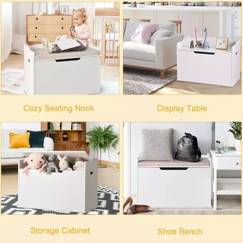 Costway Coffre à Jouets en Bois pour Enfants, Banc de Rangement avec Coussin et Charnière de Sécurité