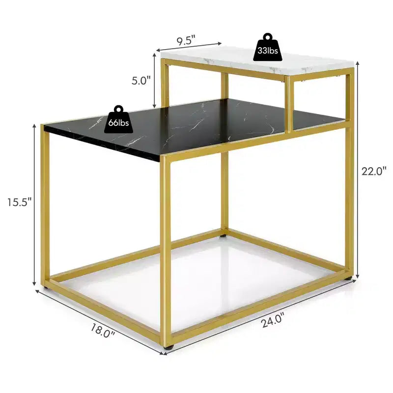 Costway Table d'appoint à 2 niveaux, cadre métallique, table de chevet avec étagère de rangement, salon