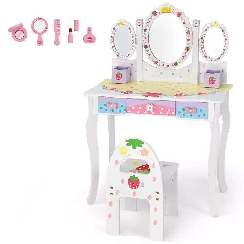 Coiffeuse pour enfants Costway avec miroir triptyque et chaise, motif princesse, blanc