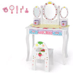 Coiffeuse pour enfants Costway avec miroir triptyque et chaise, motif princesse, blanc