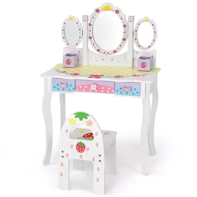 Coiffeuse pour enfants Costway avec miroir triptyque et chaise, motif princesse, blanc