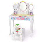 Coiffeuse pour enfants Costway avec miroir triptyque et chaise, motif princesse, blanc