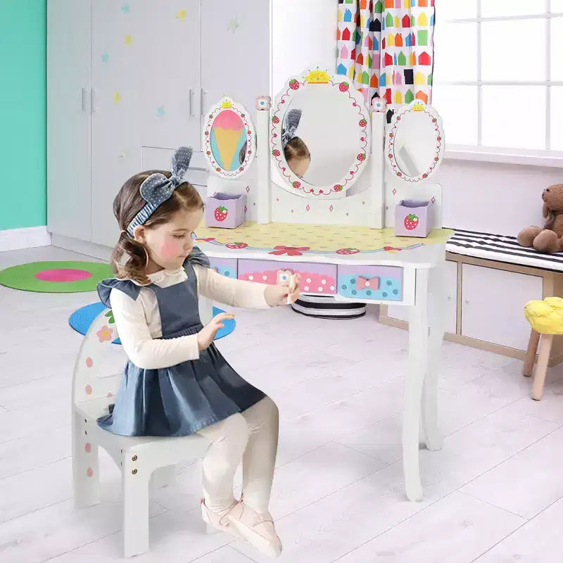 Coiffeuse pour enfants Costway avec miroir triptyque et chaise, motif princesse, blanc