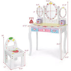 Coiffeuse pour enfants Costway avec miroir triptyque et chaise, motif princesse, blanc