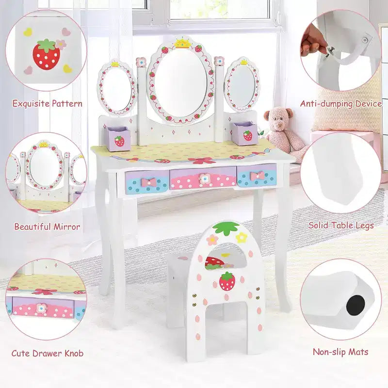 Coiffeuse pour enfants Costway avec miroir triptyque et chaise, motif princesse, blanc