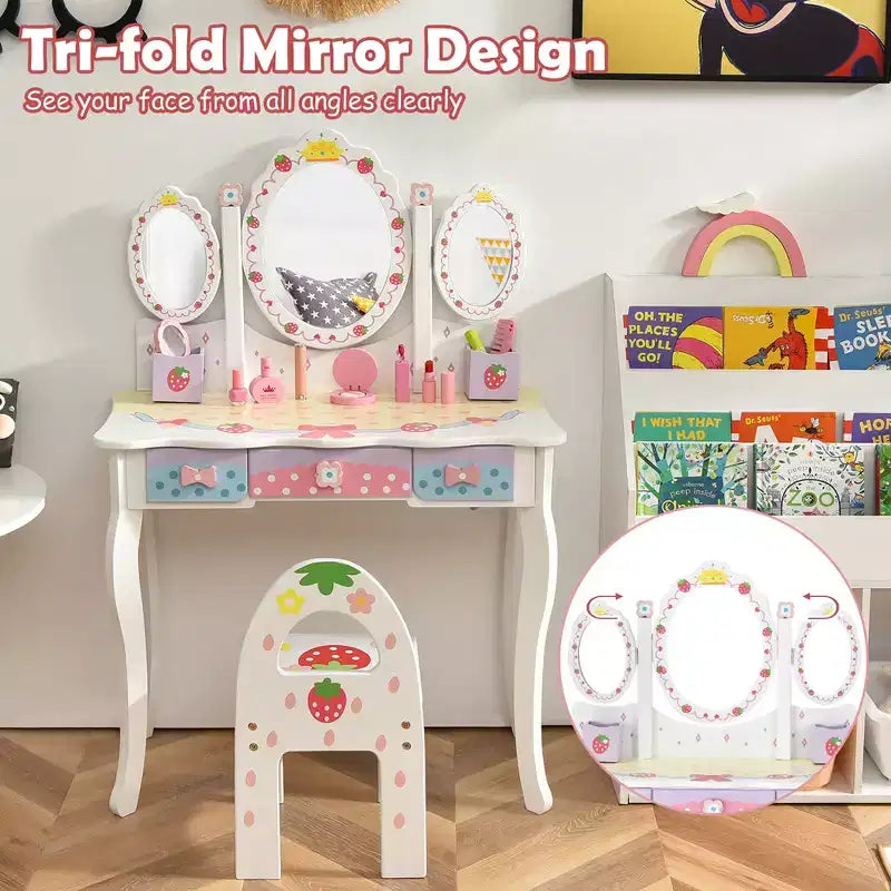 Coiffeuse pour enfants Costway avec miroir triptyque et chaise, motif princesse, blanc