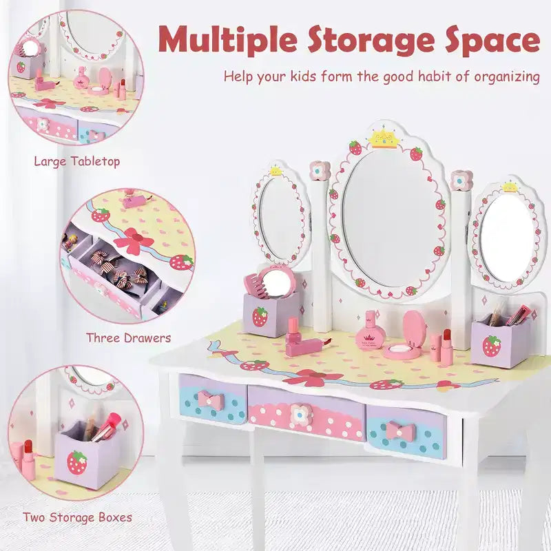 Coiffeuse pour enfants Costway avec miroir triptyque et chaise, motif princesse, blanc