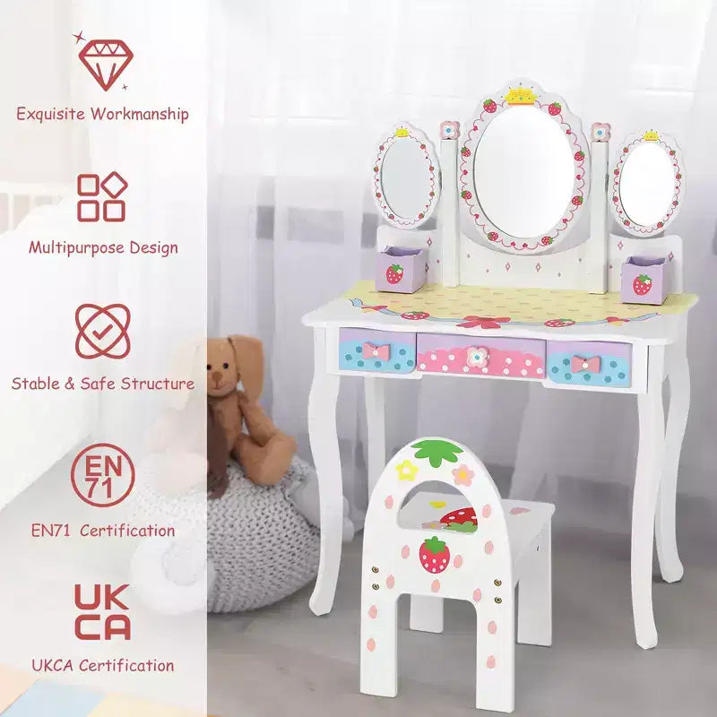 Coiffeuse pour enfants Costway avec miroir triptyque et chaise, motif princesse, blanc