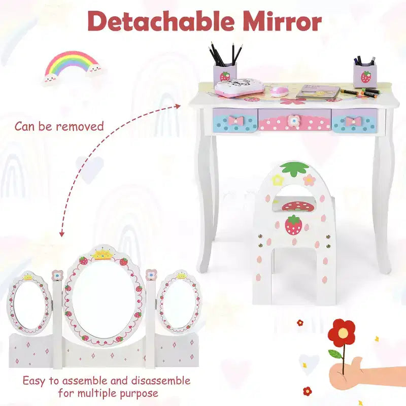 Coiffeuse pour enfants Costway avec miroir triptyque et chaise, motif princesse, blanc