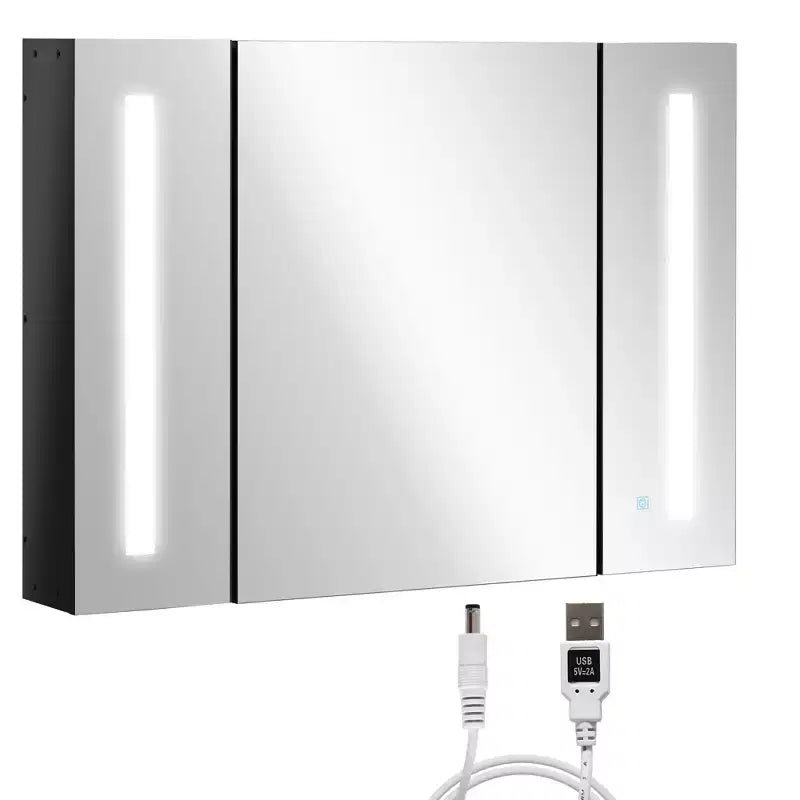 kleankin LED Lighted Medicine Cabinet with Mirror, 35.5 x 25.5 Wall Mounted Bathroom Cabinet with 3 Cupboards, Memory Function, USB Charge