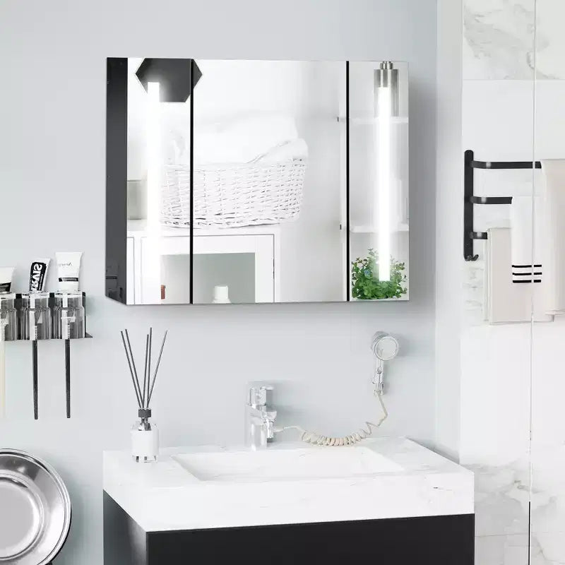 kleankin Armoire de toilette murale à LED avec miroir, 35,5 x 25,5 cm, 3 compartiments, fonction mémoire, chargement USB
