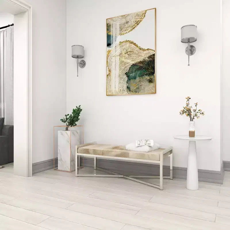 Banc rectangulaire contemporain en peau de vache et acier inoxydable – Olivia & May