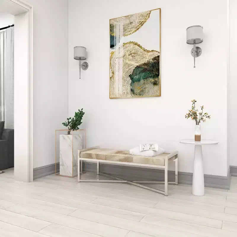 Banc rectangulaire contemporain en peau de vache et acier inoxydable – Olivia & May
