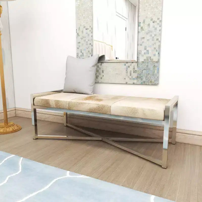 Banc rectangulaire contemporain en peau de vache et acier inoxydable – Olivia & May