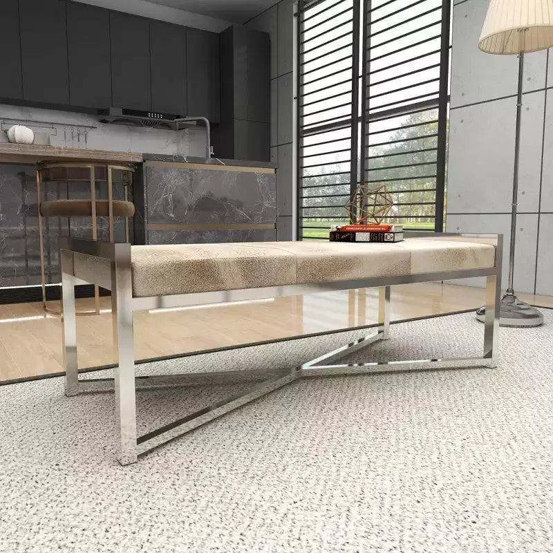 Banc rectangulaire contemporain en peau de vache et acier inoxydable – Olivia & May