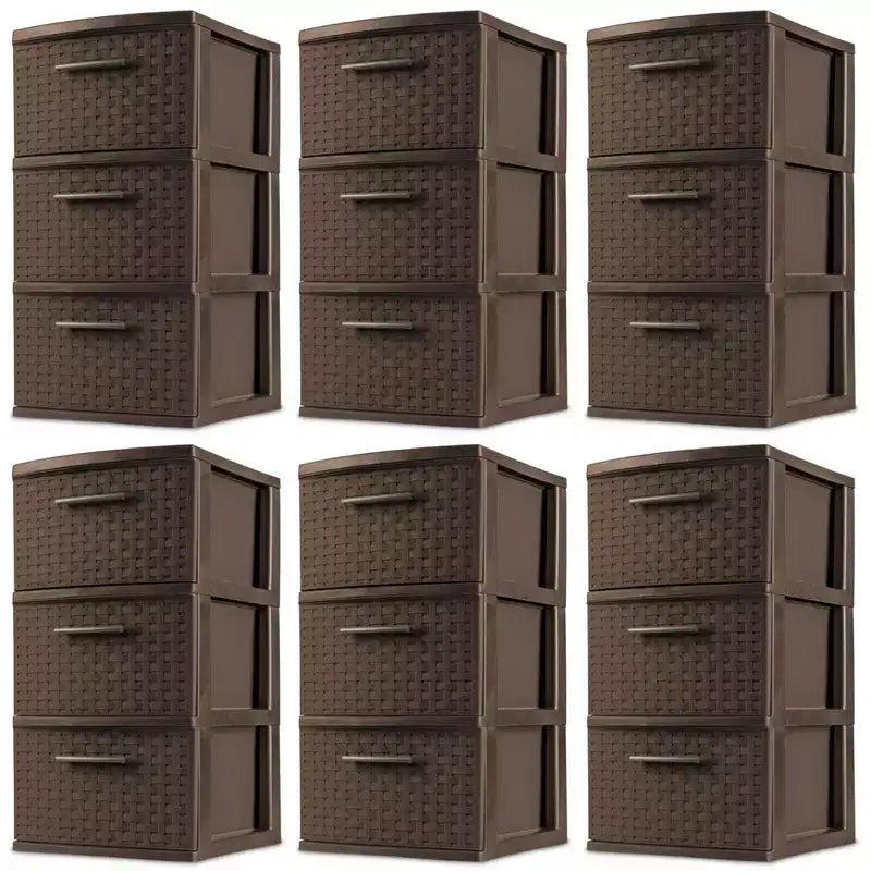 Sterilite 3 Drawer Decorative Plastic Weave Storage Tower, 6-Pack, Espresso