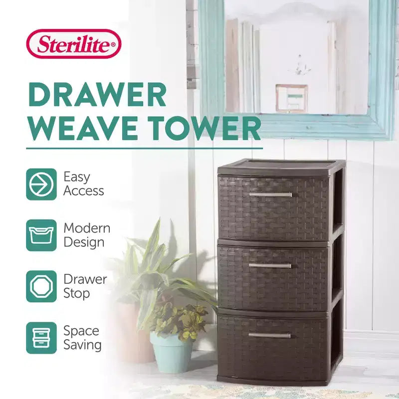 Tour de rangement décorative Sterilite à 3 tiroirs en plastique tressé, paquet de 6, Espresso