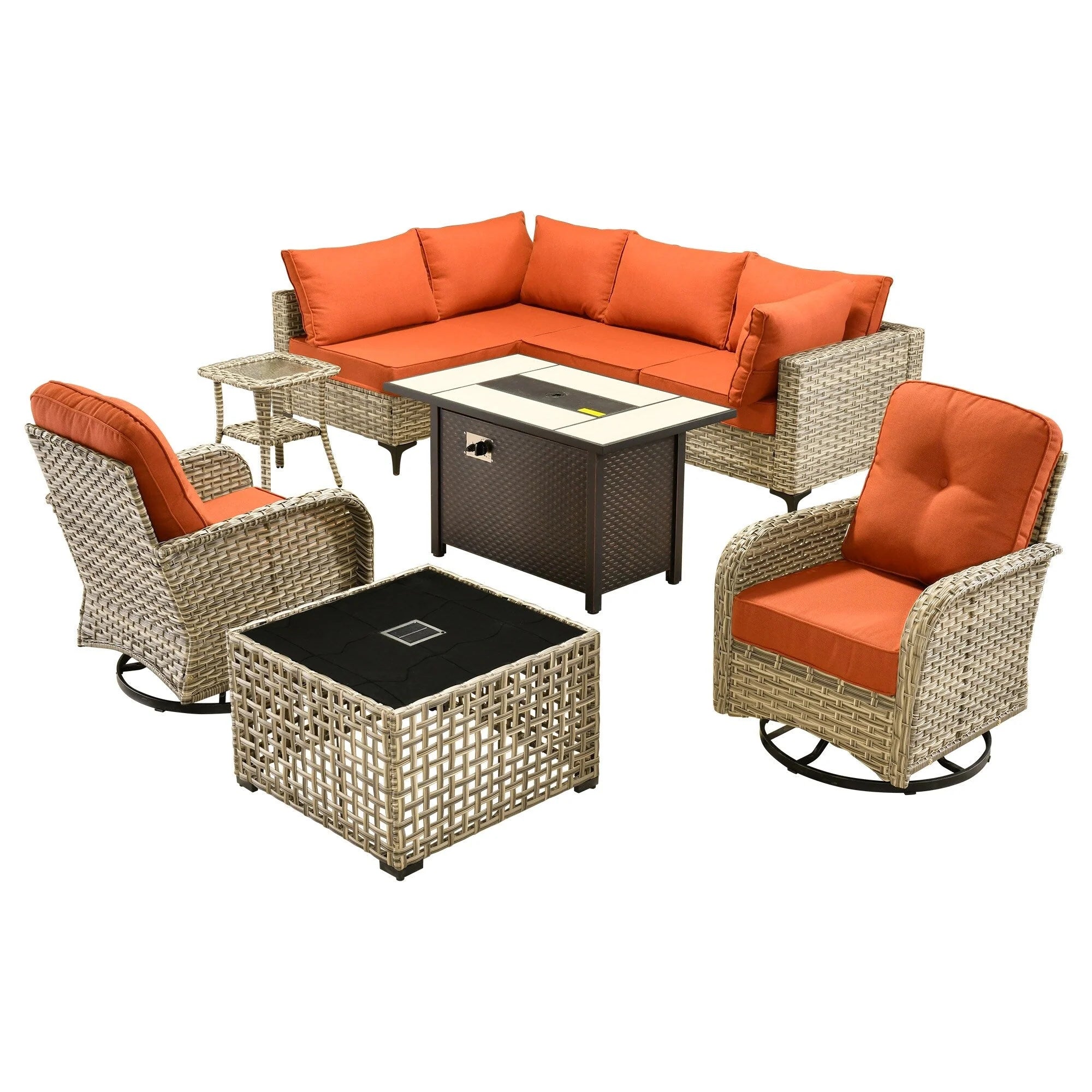 Ensemble de 9 chaises pivotantes en osier OVIOS pour l'extérieur avec table brasero