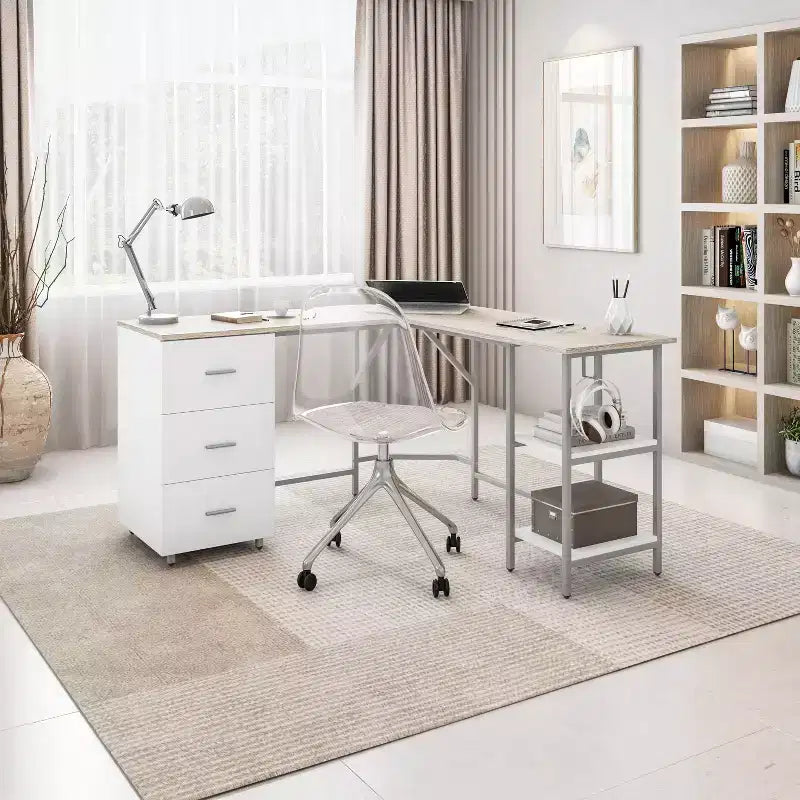 Bureau d'angle bicolore pour bureau à domicile avec rangement - Techni Mobili