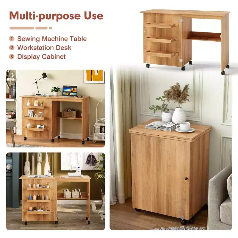 Table de couture pliante Costway avec rangements et roulettes pour la maison