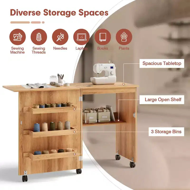 Table de couture pliante Costway avec rangements et roulettes pour la maison