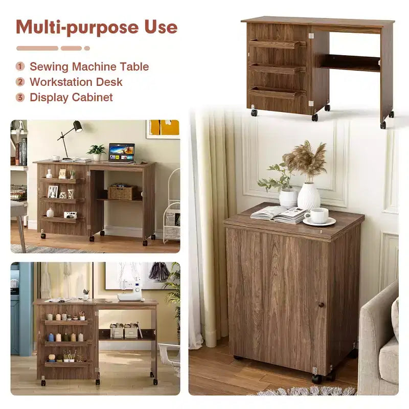 Table de couture pliante Costway avec rangements et roulettes pour la maison