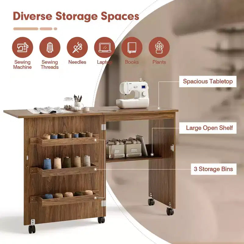 Table de couture pliante Costway avec rangements et roulettes pour la maison