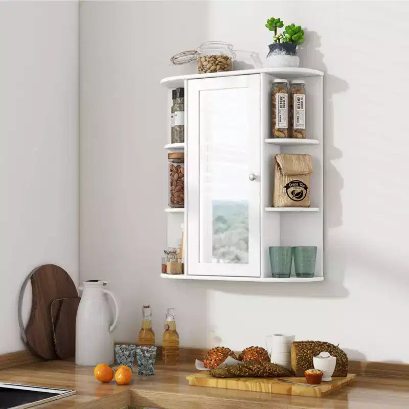 Meuble de salle de bain Costway, meuble mural à porte unique et étagères avec miroir, blanc