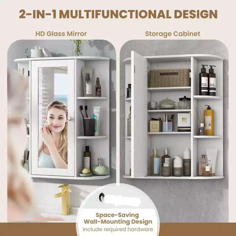 Meuble de salle de bain Costway, meuble mural à porte unique et étagères avec miroir, blanc