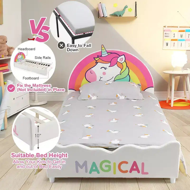 Lit plateforme capitonné Costway pour enfants, taille double, en bois, motif licorne