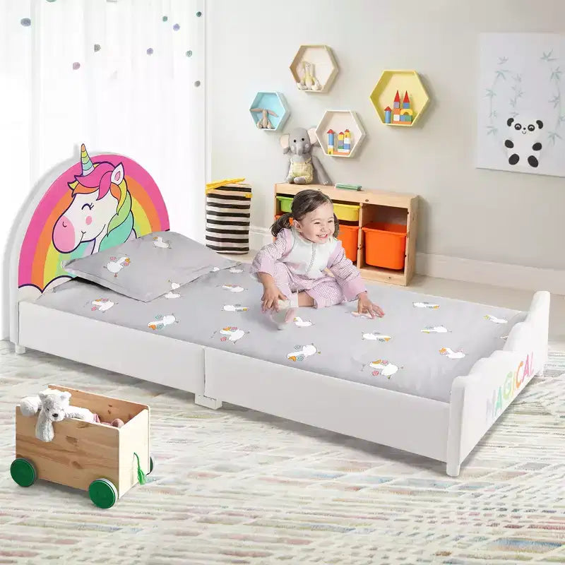 Lit plateforme capitonné Costway pour enfants, taille double, en bois, motif licorne