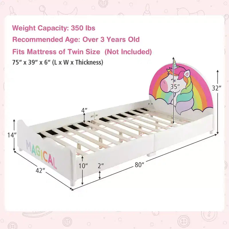 Lit plateforme capitonné Costway pour enfants, taille double, en bois, motif licorne