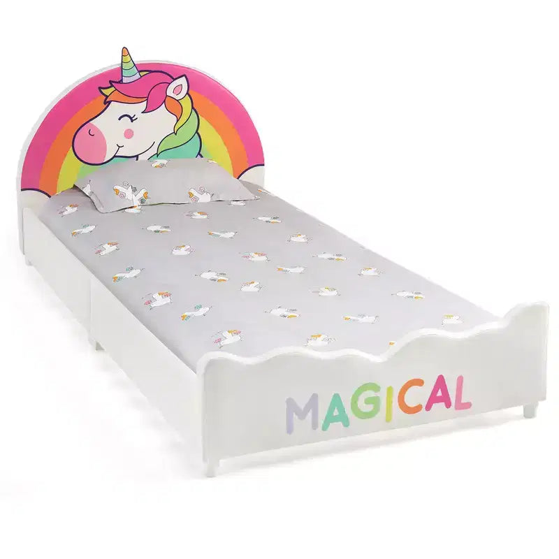 Lit plateforme capitonné Costway pour enfants, taille double, en bois, motif licorne