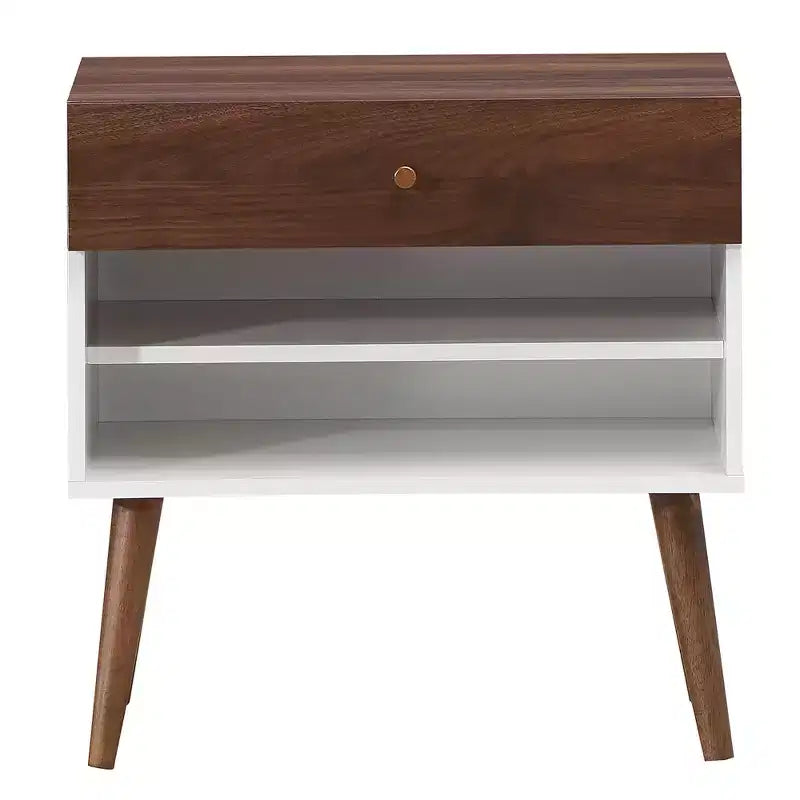 Costway Table de Chevet Table d'Appoint Tiroir Rangement Étagère Pieds en Bois d'Hévéa Style Mid-Century