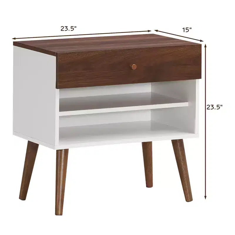Costway Table de Chevet Table d'Appoint Tiroir Rangement Étagère Pieds en Bois d'Hévéa Style Mid-Century