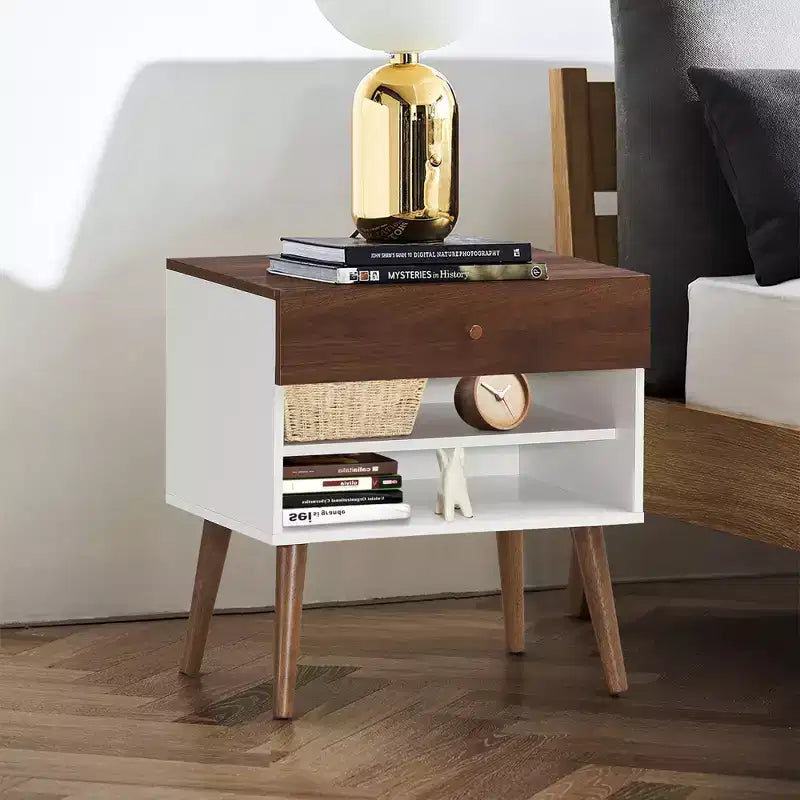 Costway Table de Chevet Table d'Appoint Tiroir Rangement Étagère Pieds en Bois d'Hévéa Style Mid-Century
