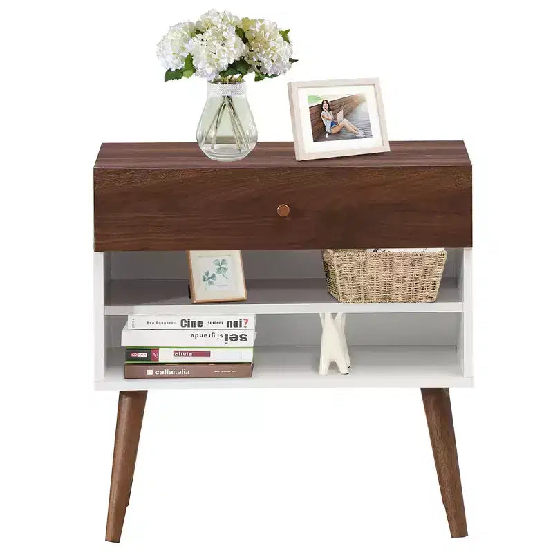 Costway Table de Chevet Table d'Appoint Tiroir Rangement Étagère Pieds en Bois d'Hévéa Style Mid-Century