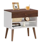 Costway Table de Chevet Table d'Appoint Tiroir Rangement Étagère Pieds en Bois d'Hévéa Style Mid-Century