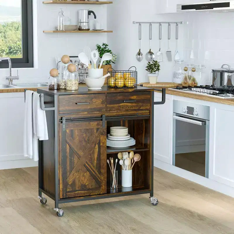 HOMCOM Chariot de cuisine rustique de ferme, Îlot de rangement roulant avec étagère réglable, deux tiroirs, armoire à porte coulissante de grange et porte-serviettes