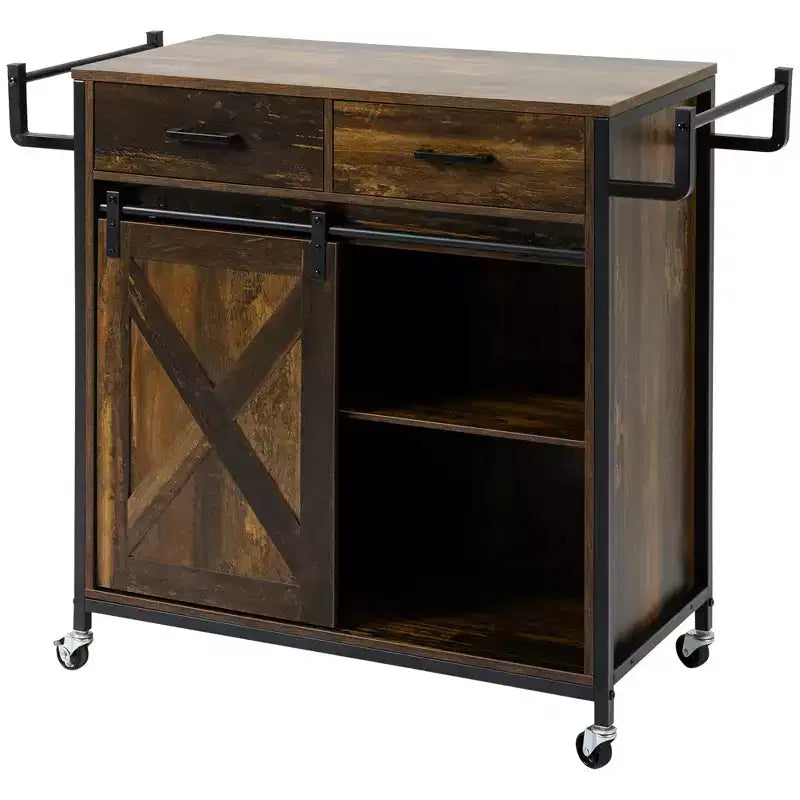 HOMCOM Chariot de cuisine rustique de ferme, Îlot de rangement roulant avec étagère réglable, deux tiroirs, armoire à porte coulissante de grange et porte-serviettes