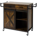 HOMCOM Chariot de cuisine rustique de ferme, Îlot de rangement roulant avec étagère réglable, deux tiroirs, armoire à porte coulissante de grange et porte-serviettes