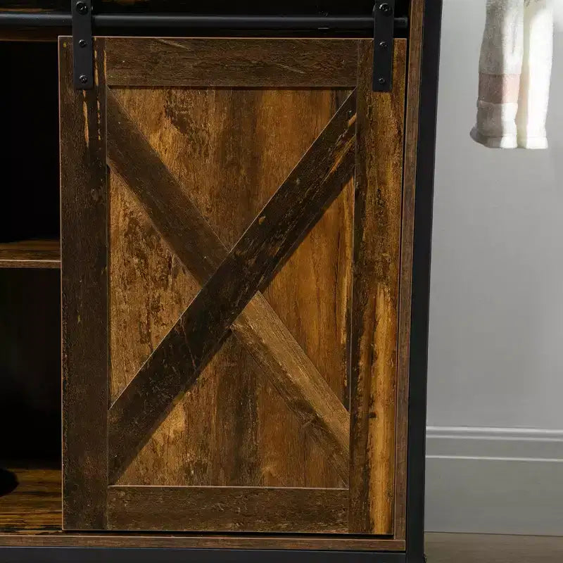 HOMCOM Chariot de cuisine rustique de ferme, Îlot de rangement roulant avec étagère réglable, deux tiroirs, armoire à porte coulissante de grange et porte-serviettes