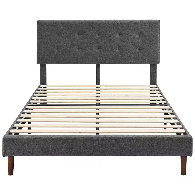 Lit plateforme tapissé BIKAHOM avec tête de lit capitonnée carrée, Queen, gris foncé