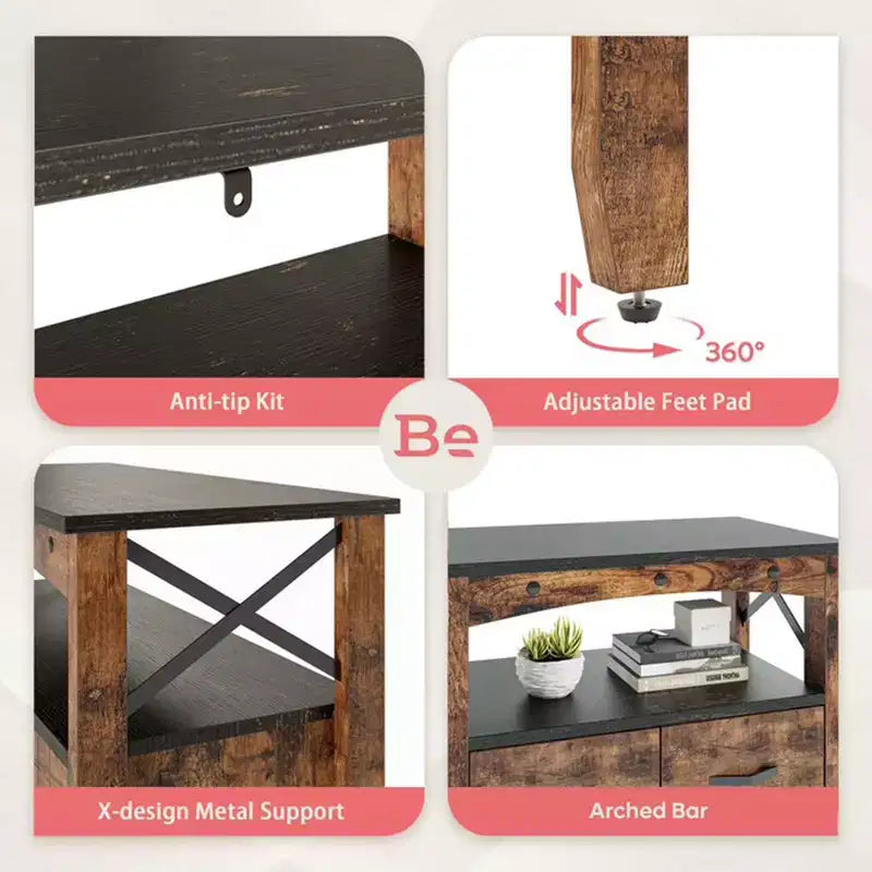Meuble de rangement rustique Bestier avec 2 étagères d'affichage et 4 tiroirs pour le salon, le bureau, la chambre ou le couloir, marron foncé