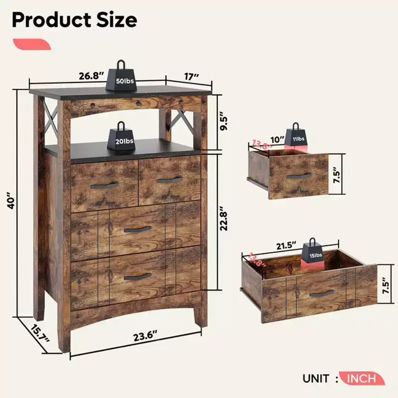 Meuble de rangement rustique Bestier avec 2 étagères d'affichage et 4 tiroirs pour le salon, le bureau, la chambre ou le couloir, marron foncé
